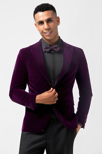 Dark Purple Peak Lapel One Button Velvet Men's Prom Blazer